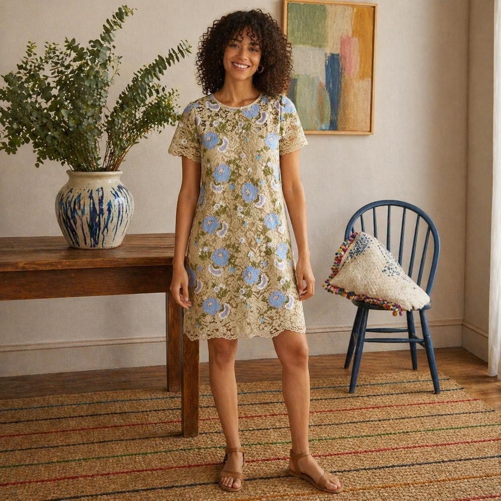CALVIN KLEIN Women's Dress Knee Length Lace Floral 16 Beige Blue Short Sleeve